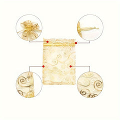 100pcs Golden Organza Bags Drawstring Printed Jewelry Gift Bags