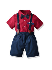 Boys Gentleman Outfit Red Button Bowtie Shirt & Suspender Shorts Set