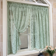 Green Beaded Lace Short Kitchen Curtain Light Filtering Half Curtain