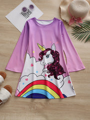 Girls Sweet Unicorn Graphic Crew Neck Long Sleeve Dress