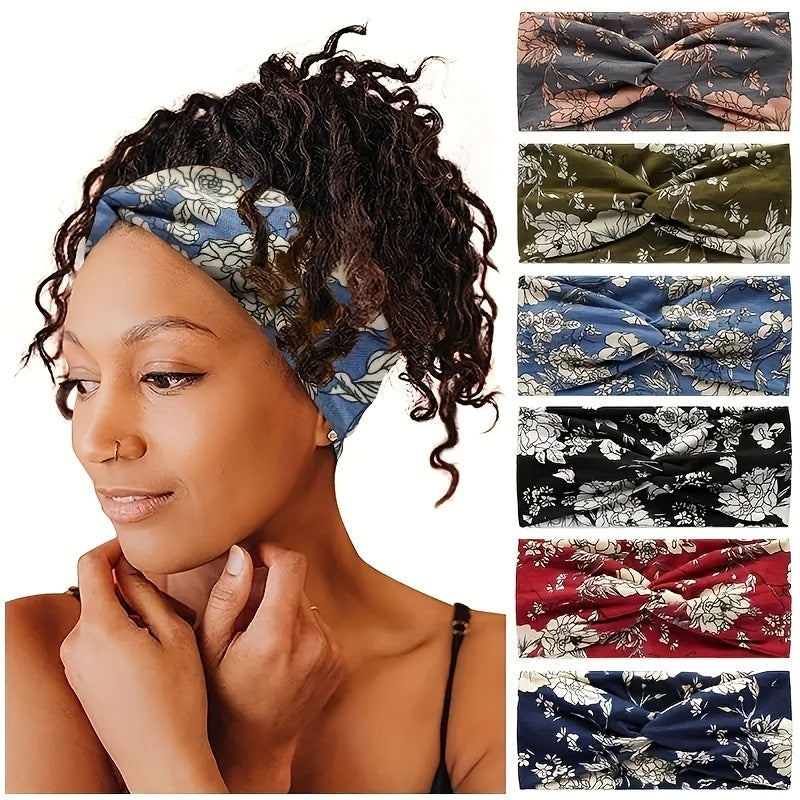 6pcs Boho Headband Wide Flower Hair Band Elastic Sports Sweatband