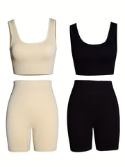 4pcs Women's Seamless Backless Tank Sport Bra & High Waist Shorts Set