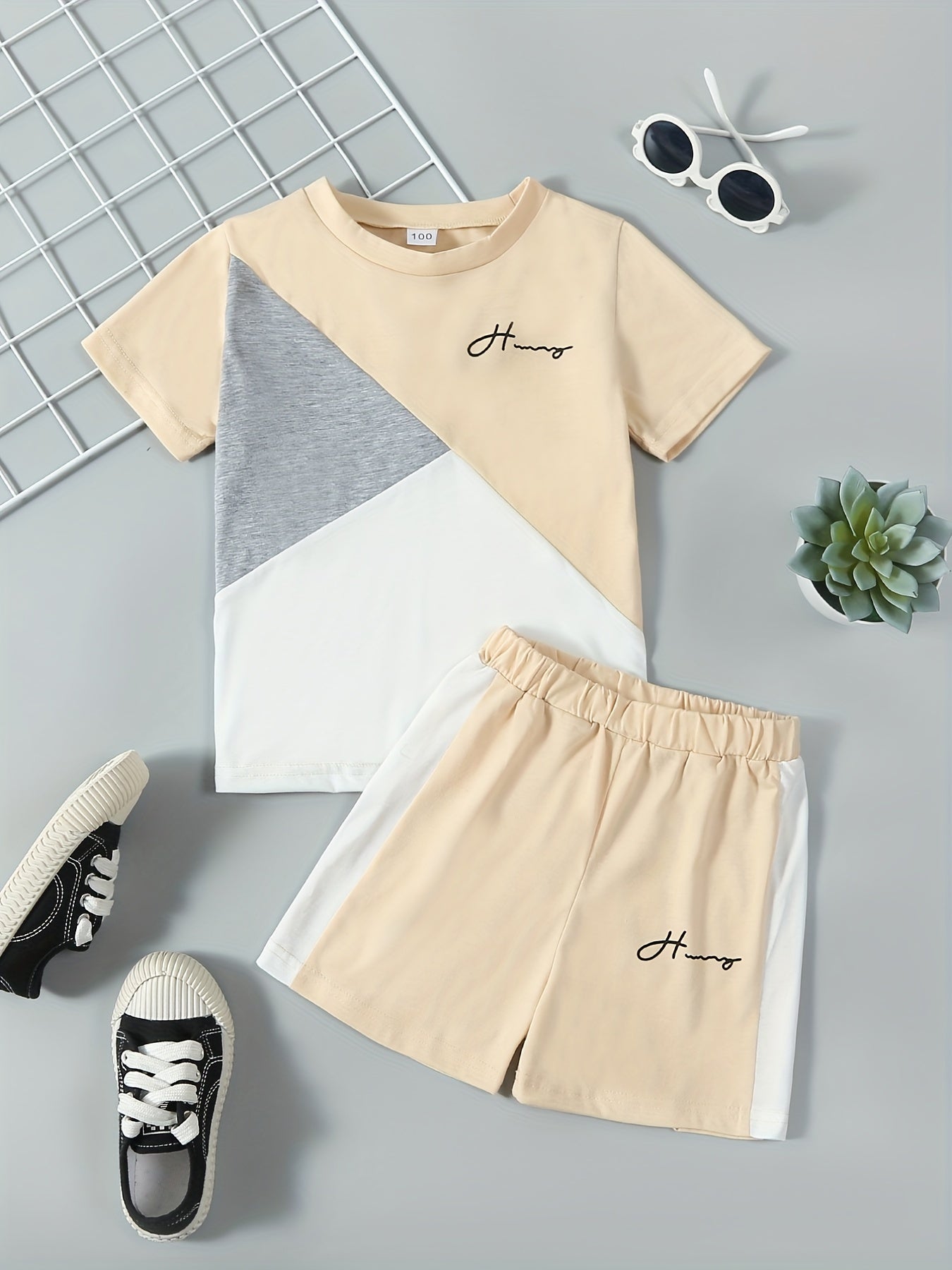Boys 2pcs Block T shirt & Shorts Set Kids Casual Summer