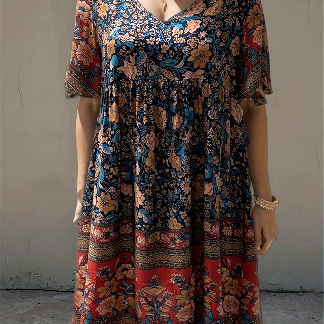 Floral Print V Neck Short Sleeve Dress for Summer