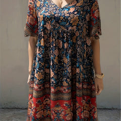 Floral Print V Neck Short Sleeve Dress for Summer