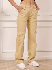 High Waist Cargo Pants Loose Fit Pockets Non Stretch Straight Jeans