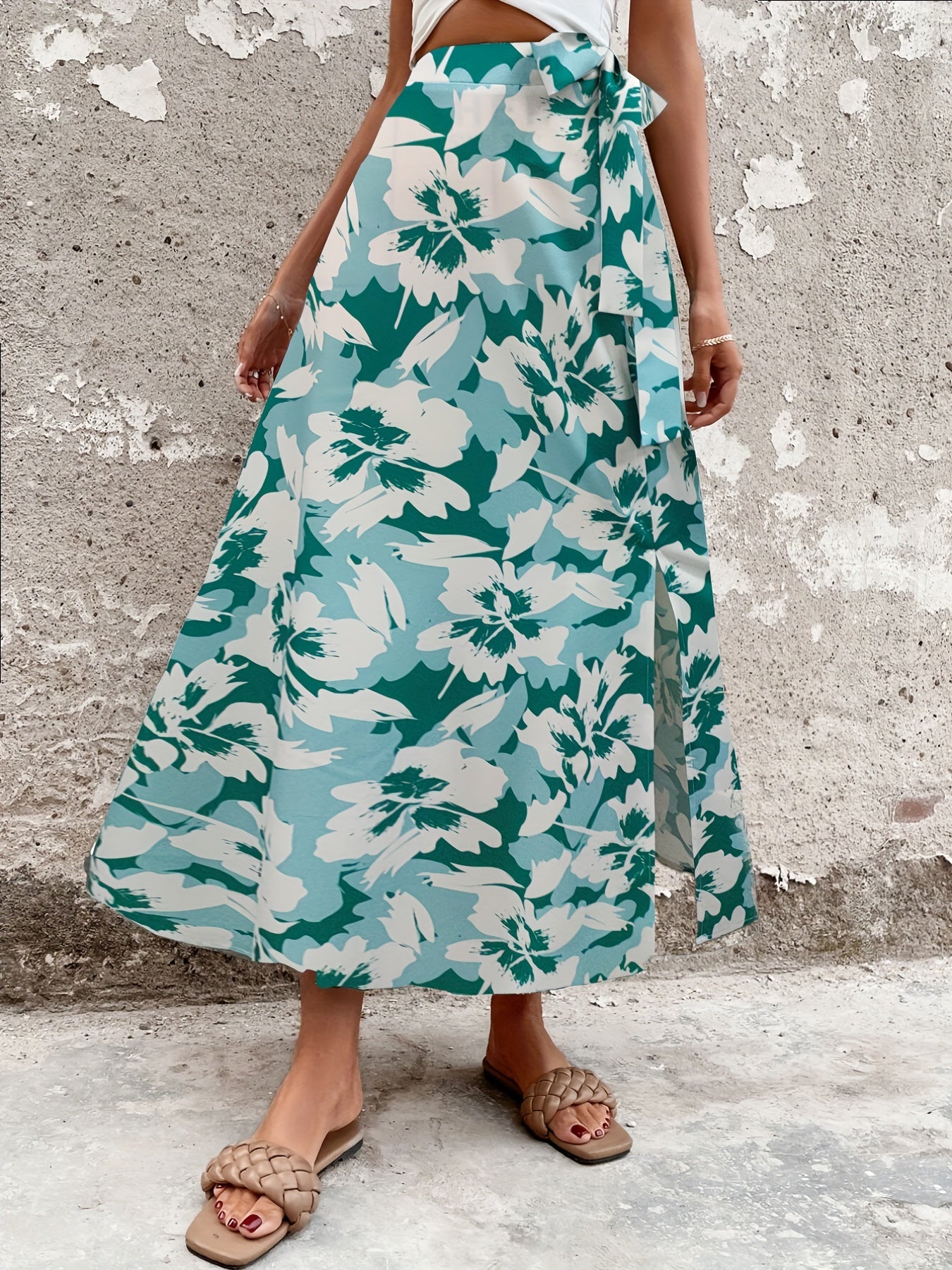 Floral Print Bow Split Skirt Boho Maxi Skirt