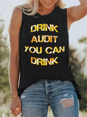 Drink Letter Print Tank Top Summer Sleeveless Crew Neck Casual