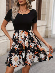 Floral Print Belted Dress Short Sleeve - Vacation Dress