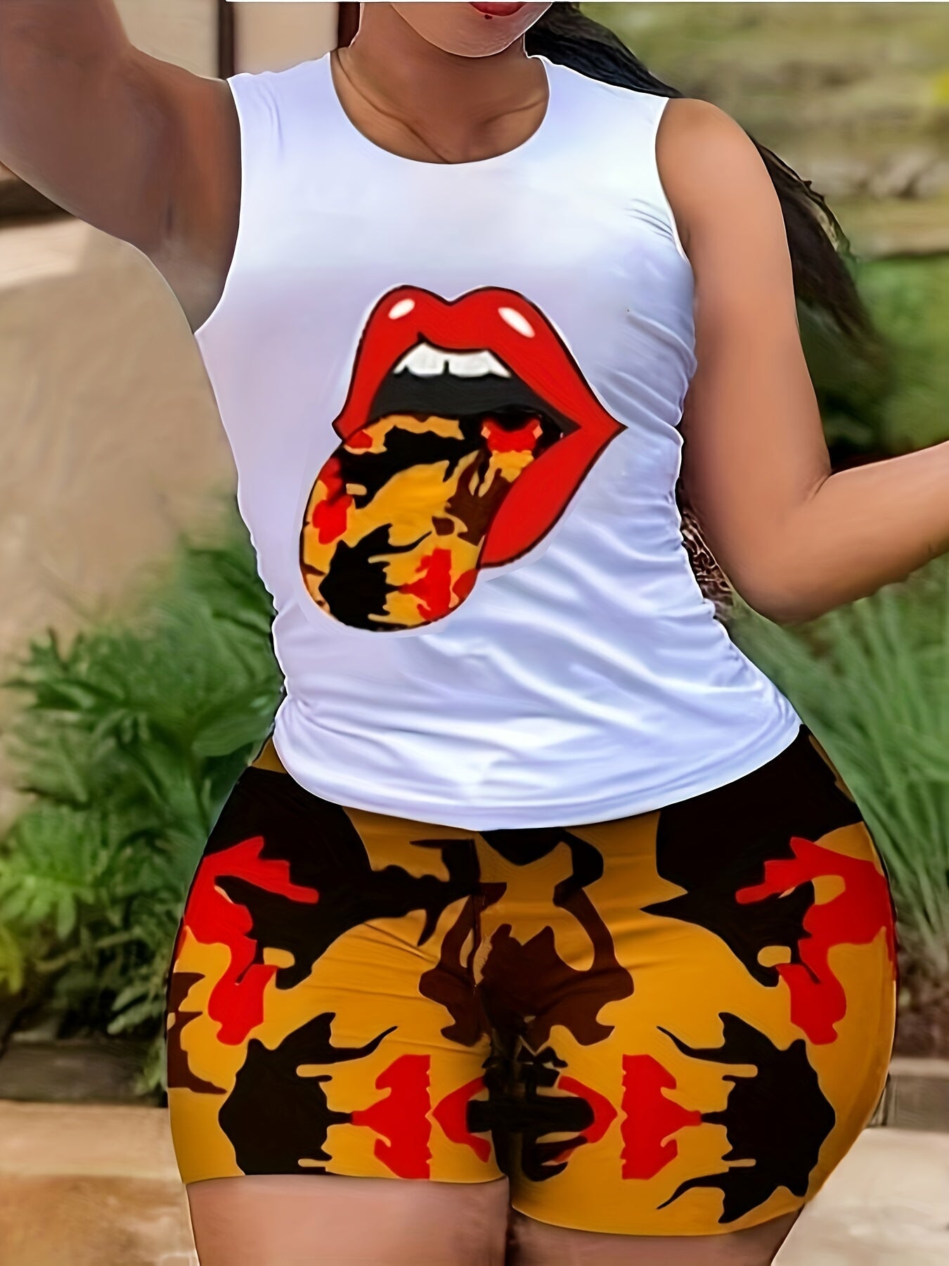 Lips Print Tank Top & Abstract Print Slim Shorts Set