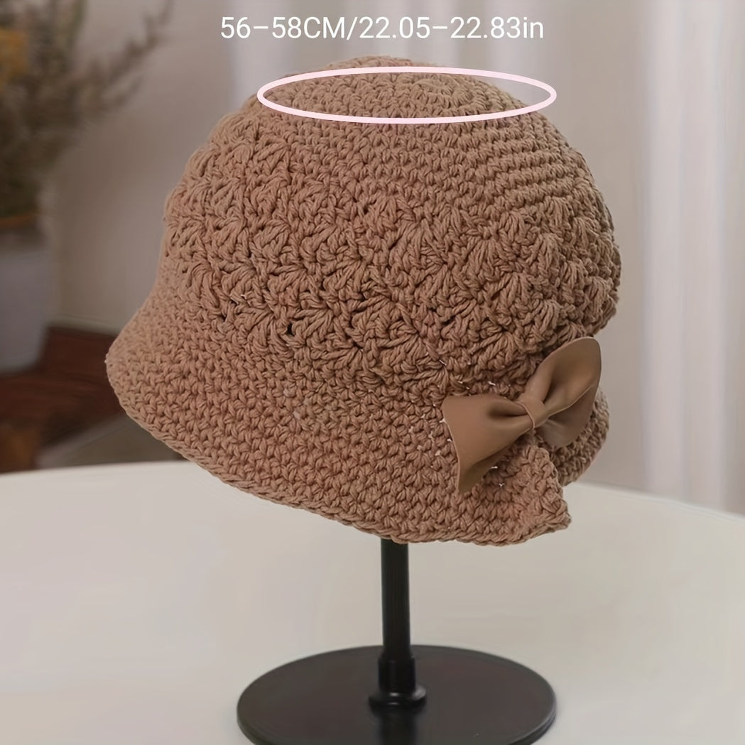 Hand Knitted Bucket Hat Vintage Bow Crochet Fisherman Hat