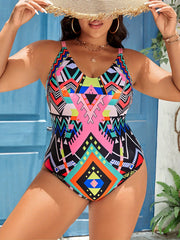 Geo Print V Neck One Piece Swimsuit