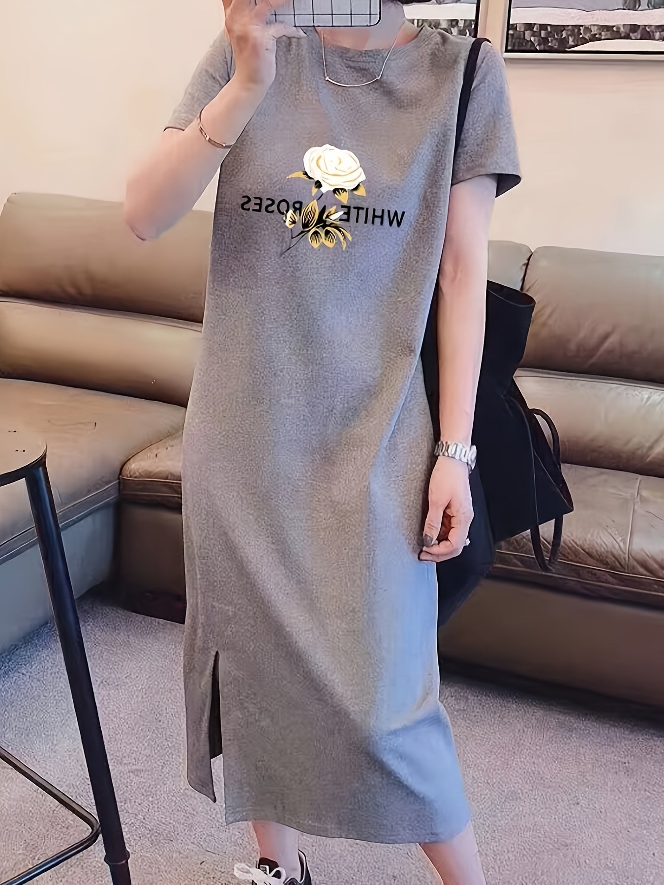 Flower Print Lounge Dress Short Sleeve Over The Knee Slit Dress