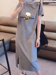 Flower Print Lounge Dress Short Sleeve Over The Knee Slit Dress