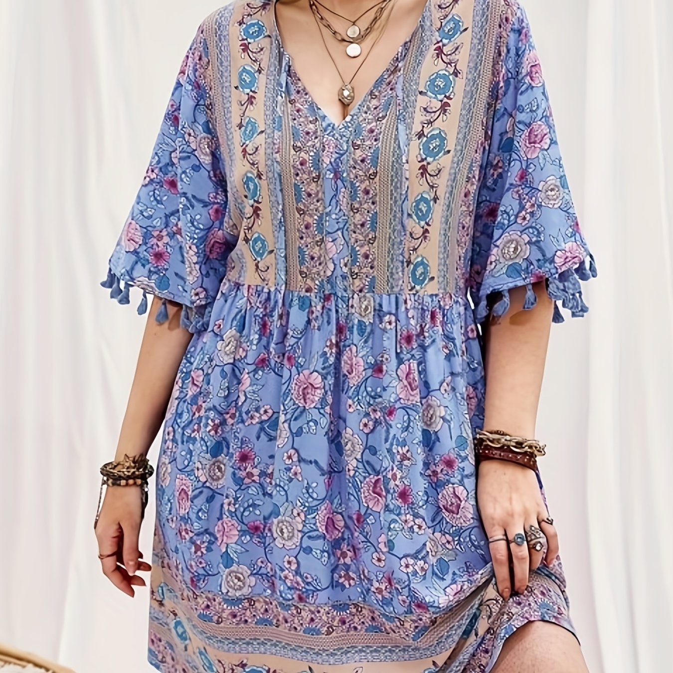 Plus Size Boho Dress Women's Plus Floral Print Short Sleeve