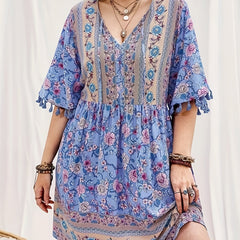 Plus Size Boho Dress Women's Plus Floral Print Short Sleeve
