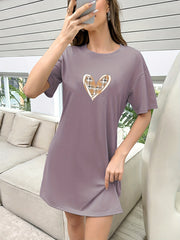 Heart Print NightDress Short Sleeve Crew Neck Sleepwear