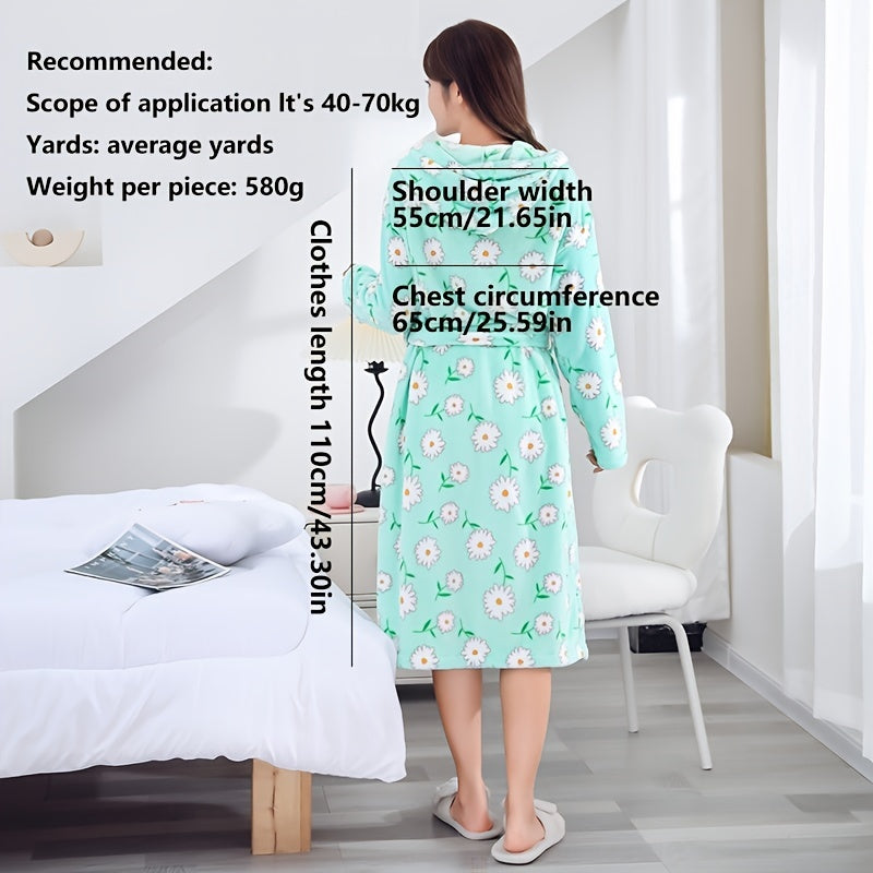 Flower Printed Long Sleeve Bathrobe with Hood for Women