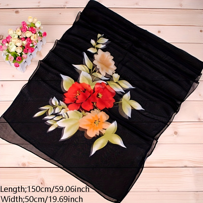 Thin Chiffon Scarf Flower Print Shawl Women's Windproof Sunscreen Head Wrap