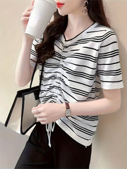 Striped Print Drawstring Knit Sweater Casual Short Sleeve Sweater