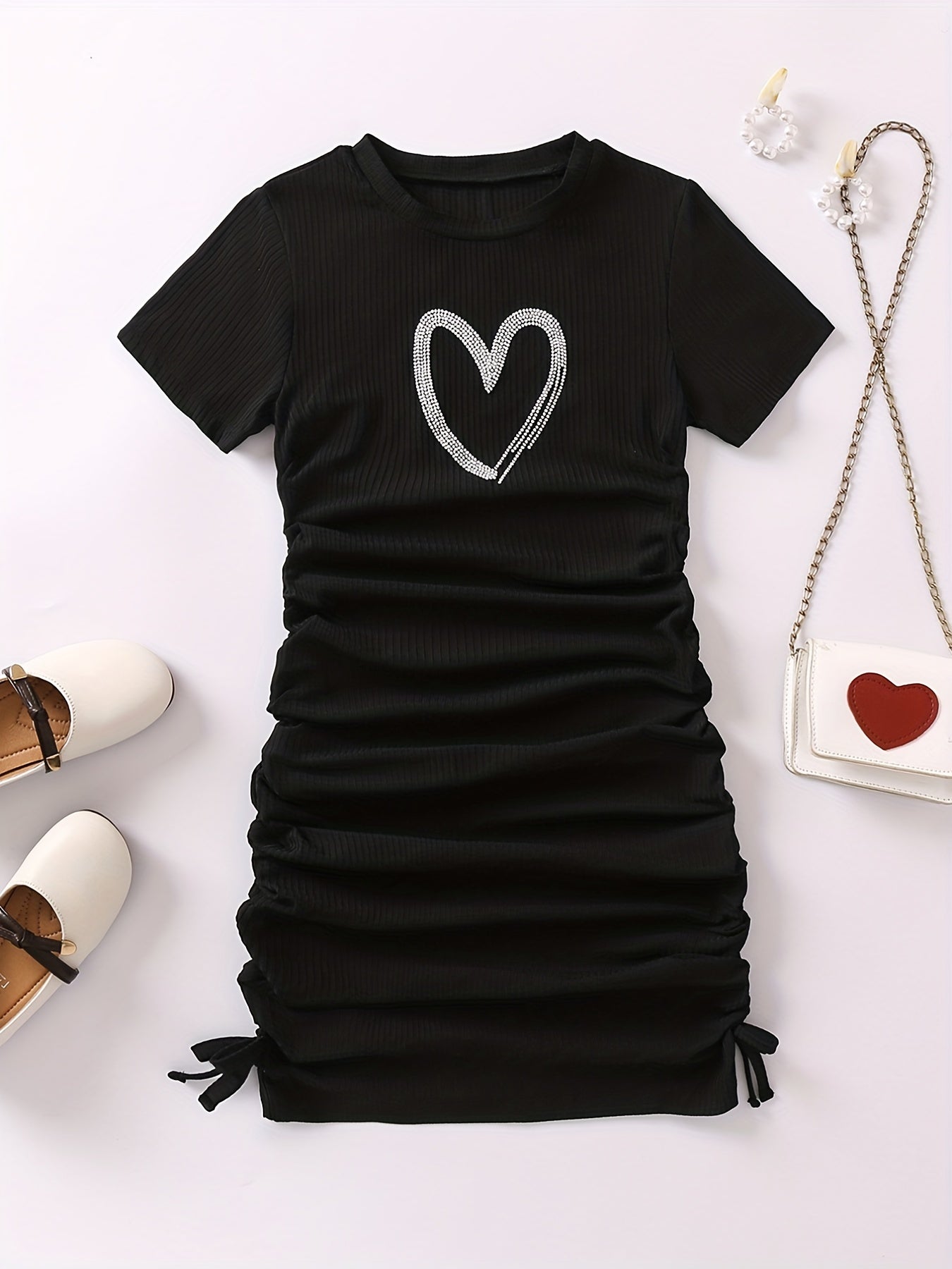 Girls Heart Graphic Ruched Knit Dress