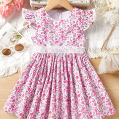 Toddler Girls Flutter Sleeve Lace Trim Flowers Graphic Princess Dress