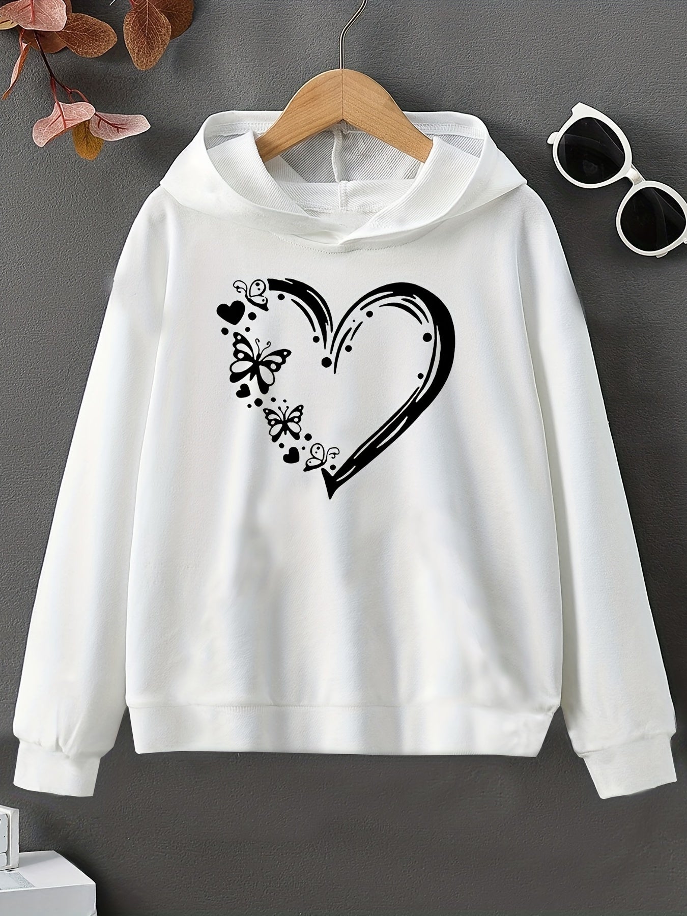 Heart & Butterfly Print Casual Sweatshirt Top Hoodie for Youth Girls