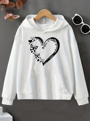 Heart & Butterfly Print Casual Sweatshirt Top Hoodie for Youth Girls