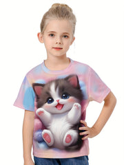 3D Sweet Cat Graphic Short Sleeve T-shirt for Kids