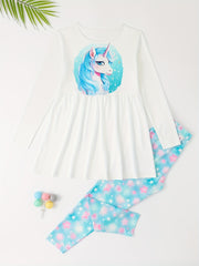 Cartoon Unicorn Print 2pcs Girls Pullover Pants Set