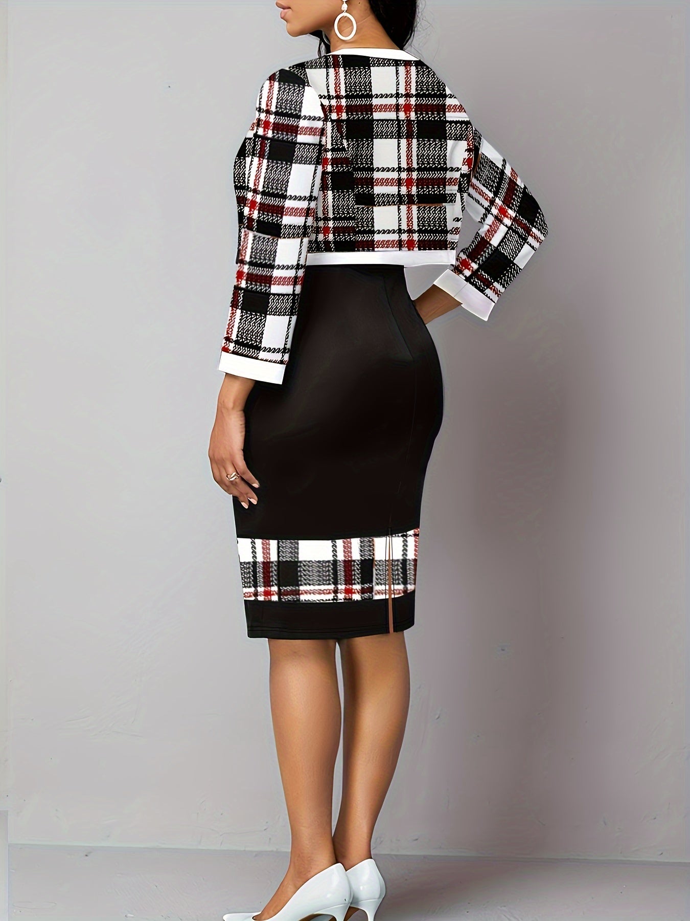 Colorblock Plaid Print Dress & Cardigan Set