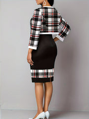 Colorblock Plaid Print Dress & Cardigan Set