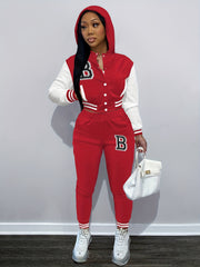 Women's Plus Size Letter Patched Raglan Sleeve Hooded Coat & Joggers Set