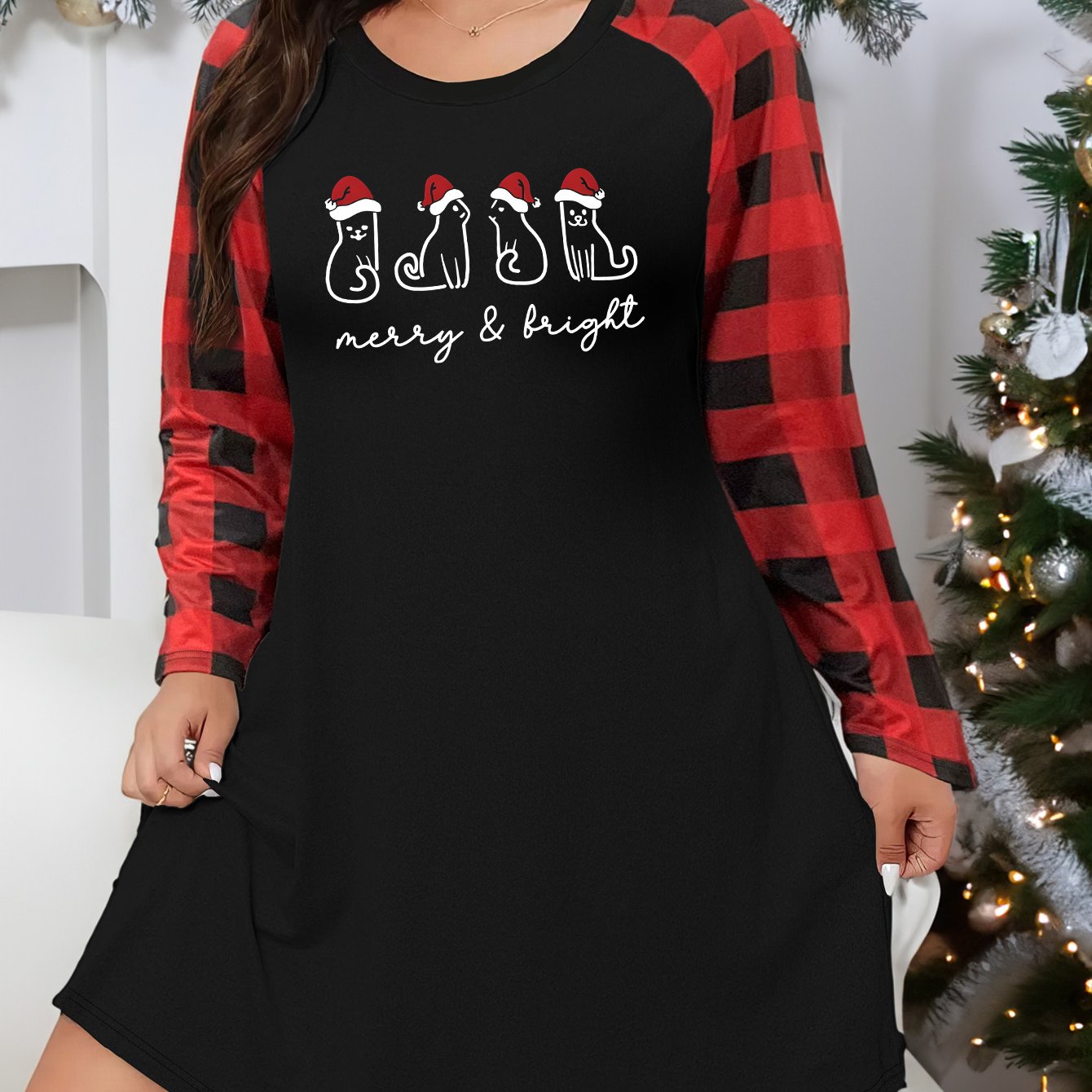 Christmas Lounge Dress Women's Plus Christmas Cat Graphic Plaid