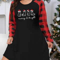 Christmas Lounge Dress Women's Plus Christmas Cat Graphic Plaid