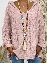Oversize Knit Pullover Hooded Sweater V-Neck Casual Fall Winter Women