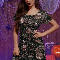 Halloween Casual Dress Women's Plus Skull & Floral Print Short Sleeve