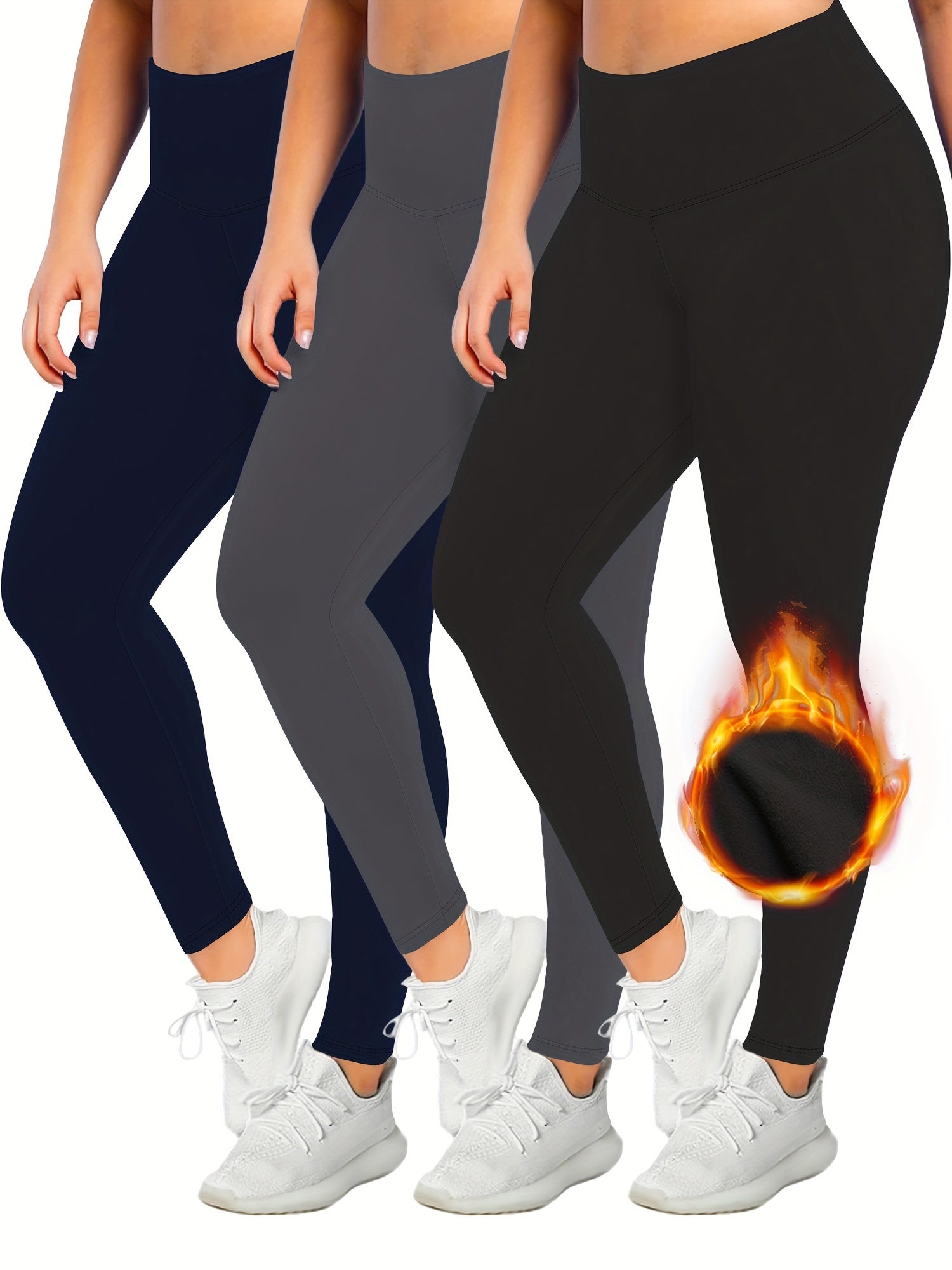 3 Pack Plus Size Casual Leggings Set Women's Plus Solid Liner Fleece