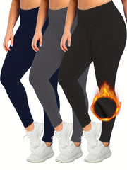 3 Pack Plus Size Casual Leggings Set Women's Plus Solid Liner Fleece