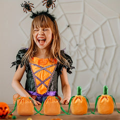 5pcs Pumpkin Candy Bag Halloween Drawstring Gift Bag Velvet Trick Or Treat Bag