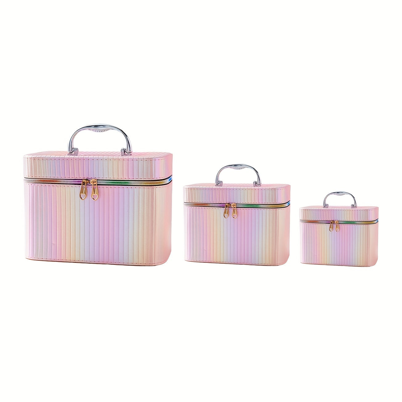 3pcs Striped Makeup Travel Case Cosmetic Organizer Bag With Handle & Mirror
