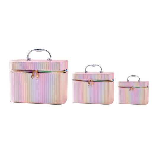 3pcs Striped Makeup Travel Case Cosmetic Organizer Bag With Handle & Mirror