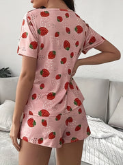 Strawberry Print Pajamas Set Short Sleeve Crew Neck Top & Shorts