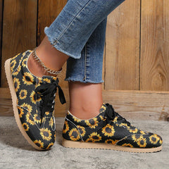 Women's Sunflower Pattern Sneakers Casual Lace Up Outdoor Shoes