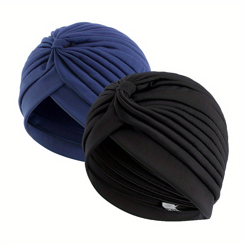2pcs Knot Crinkle Turban Cap & Headwrap Elastic Lightweight Bonnet Chemo Cap