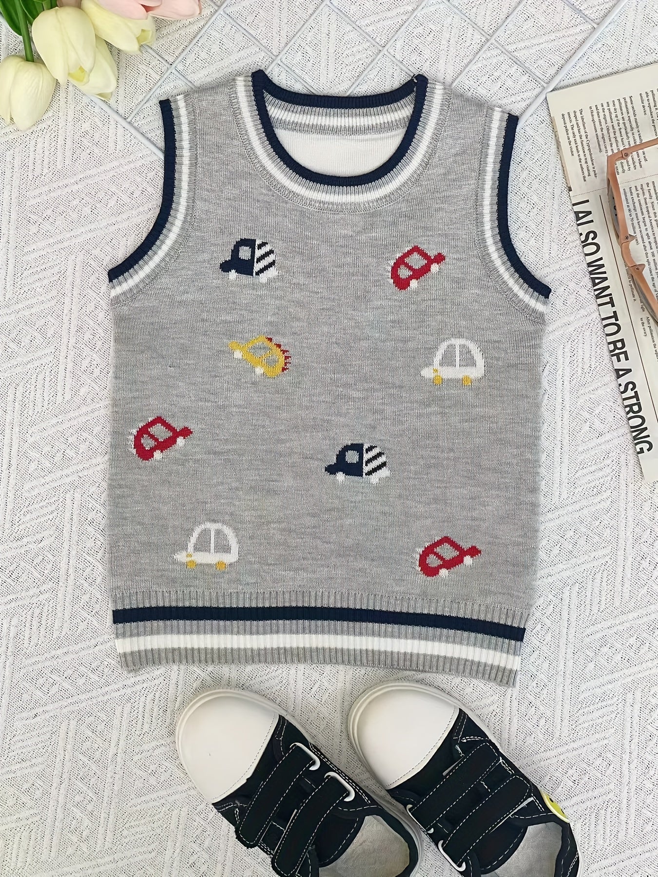 Boys Cartoon Car Graphic Print Sleeveless Sweater Vest