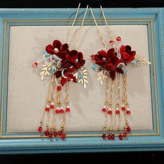 Vintage Red Velvet Flowers Beaded Hairpins Tassel Hair Clips