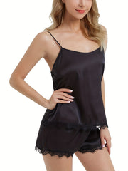 Satin Pajama Set Lace Trim Cami Top & Shorts Women's Sleepwear