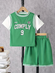 Boys Numbers & Letter Graphic Block T Shirt Top & Shorts Set