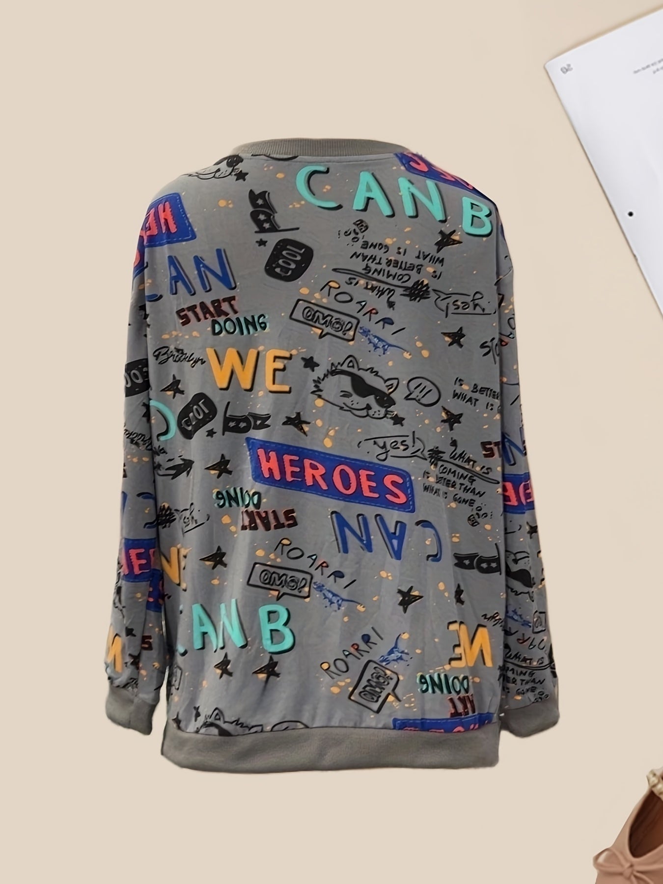 Graffiti Print Sweatshirt Crew Neck Long Sleeve Women's Clothing
